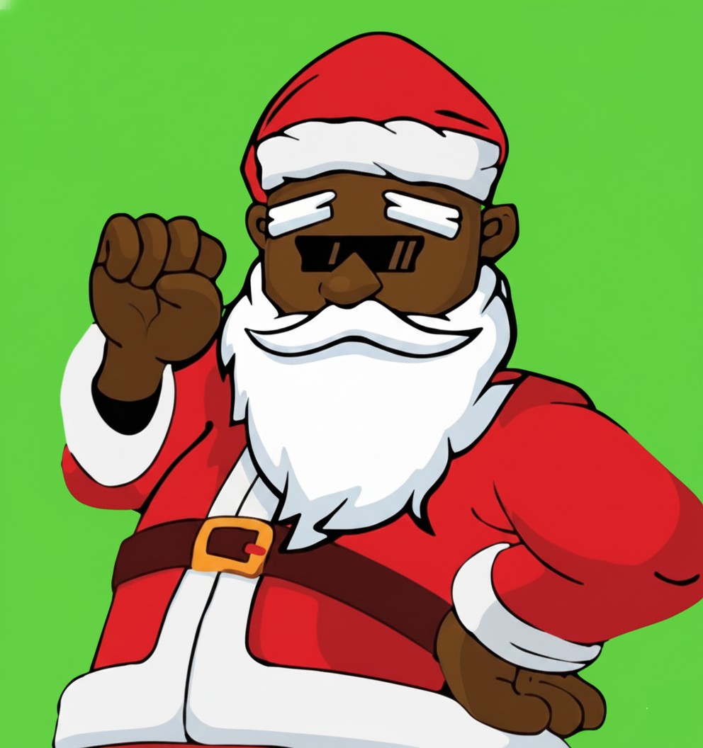 Santa illustration with sunglasses, red suit and raised fist on a green background