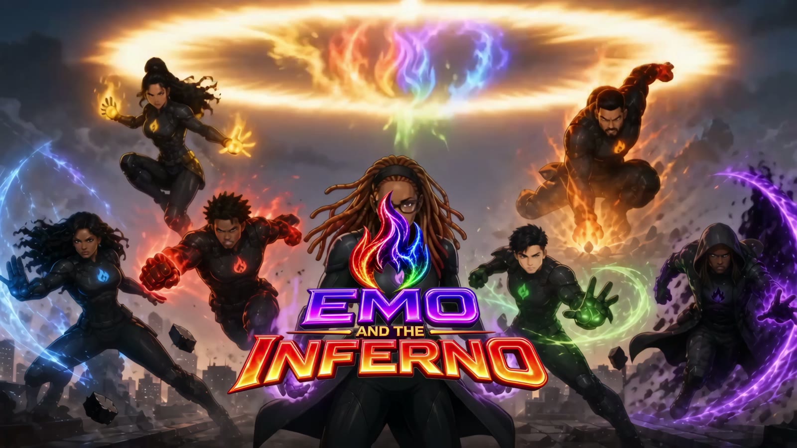 Animated team of heroes with fire and energy powers under the Emo and the Inferno title