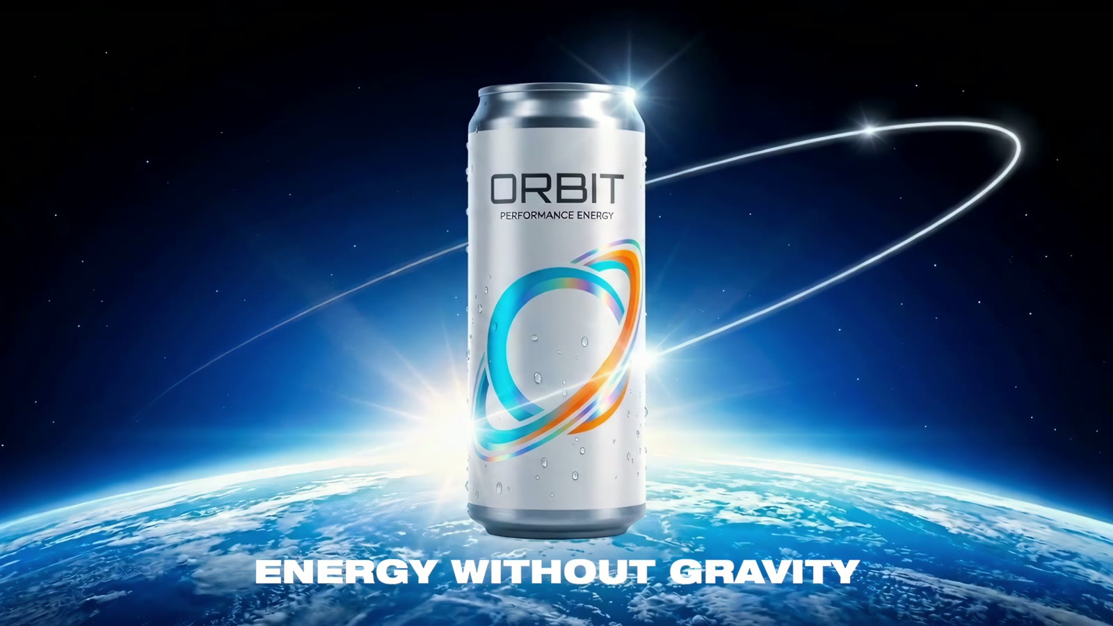 ORBIT energy drink can above Earth with the line Energy Without Gravity