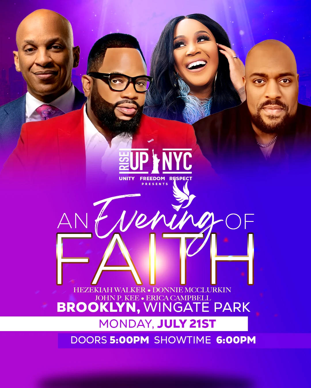An Evening of Faith portrait poster with four performer portraits, gold title lettering and Monday July 21 at Brooklyn’s Wingate Park