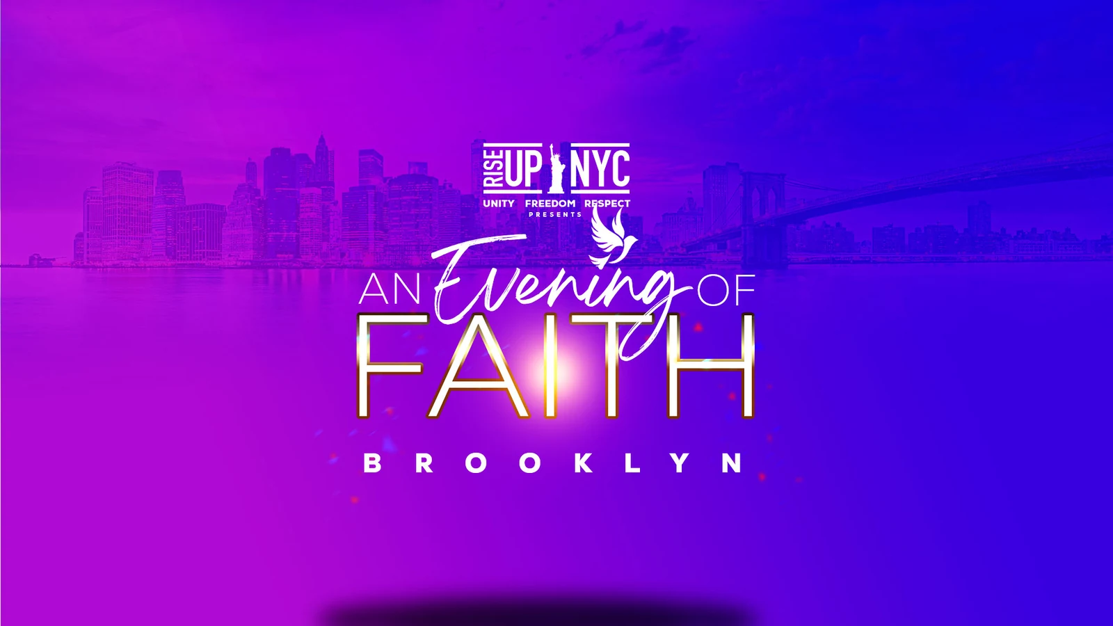 An Evening of Faith Brooklyn title screen with the Rise Up NYC logo above gold lettering against a purple skyline and bridge