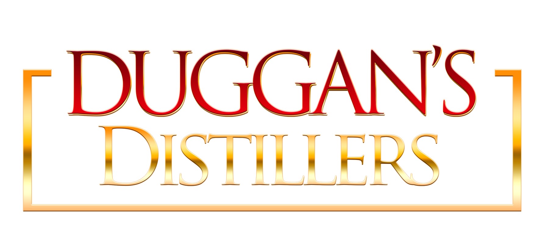 Duggan's Distillers logo: red serif 'Duggan's' above gold 'Distillers' inside an open gold bracket frame