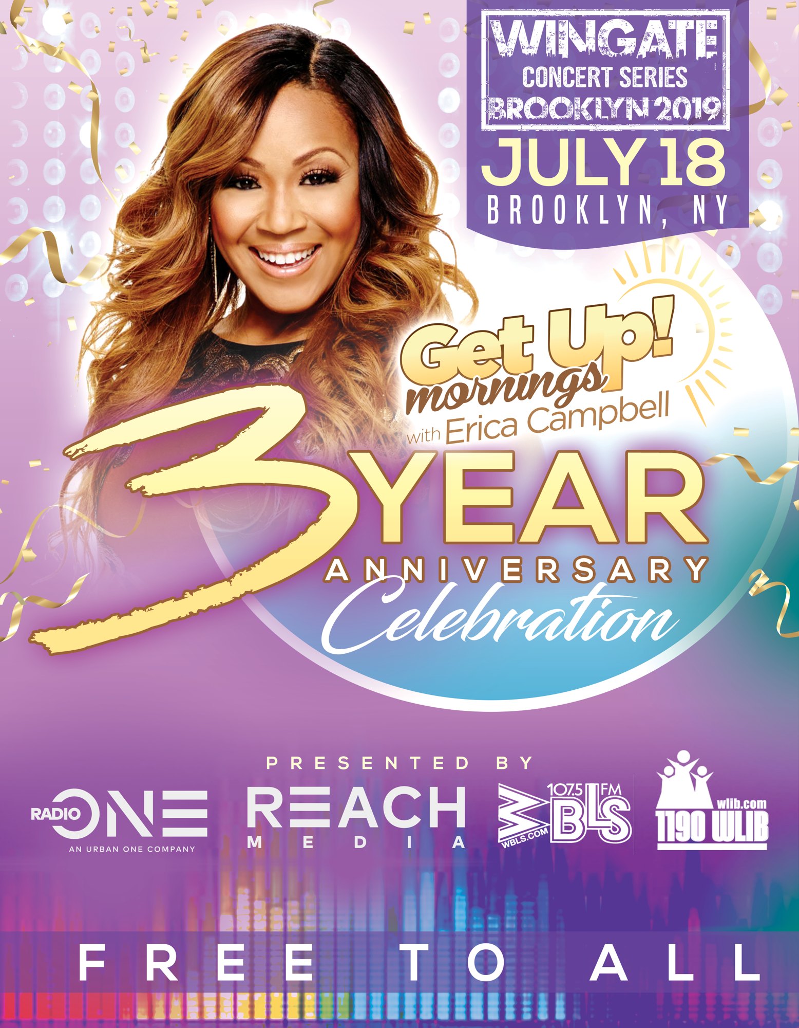 Wingate Concert Series Brooklyn 2019 flyer: Get Up! Mornings with Erica Campbell 3 Year Anniversary Celebration, July 18, Brooklyn NY, free to all