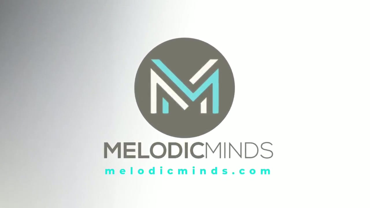 Melodic Minds logo — grey circle with a white and turquoise M above the Melodic Minds wordmark — from the final frame of the logo reveal