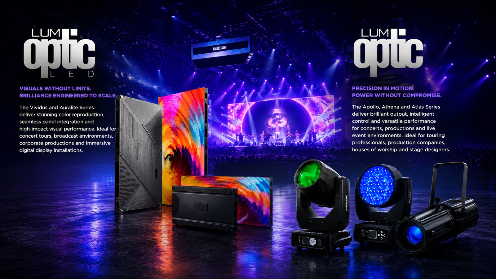 LumOptic LED product showcase: LED panels and moving-head lights in front of a concert stage
