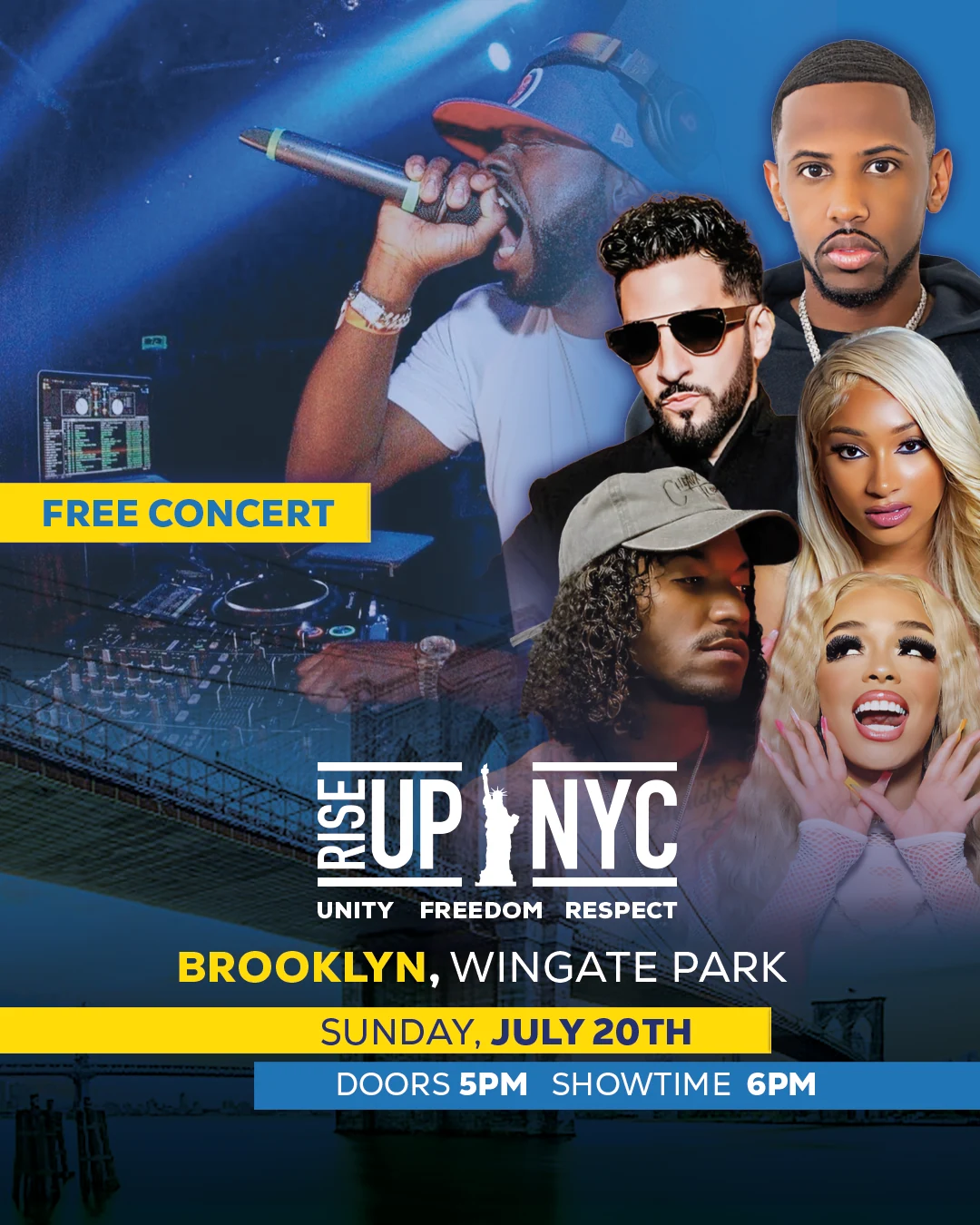 Rise Up NYC free concert poster with performer portraits, Brooklyn’s Wingate Park, Sunday July 20, doors at 5 PM and showtime at 6 PM.