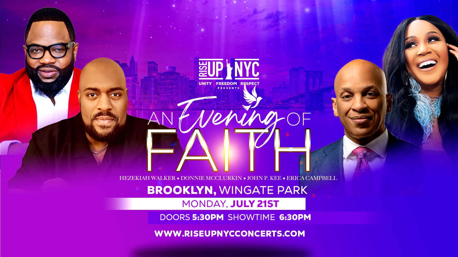Landscape An Evening of Faith creative with performer portraits flanking the title, July 21 Wingate Park details and the Rise Up NYC website