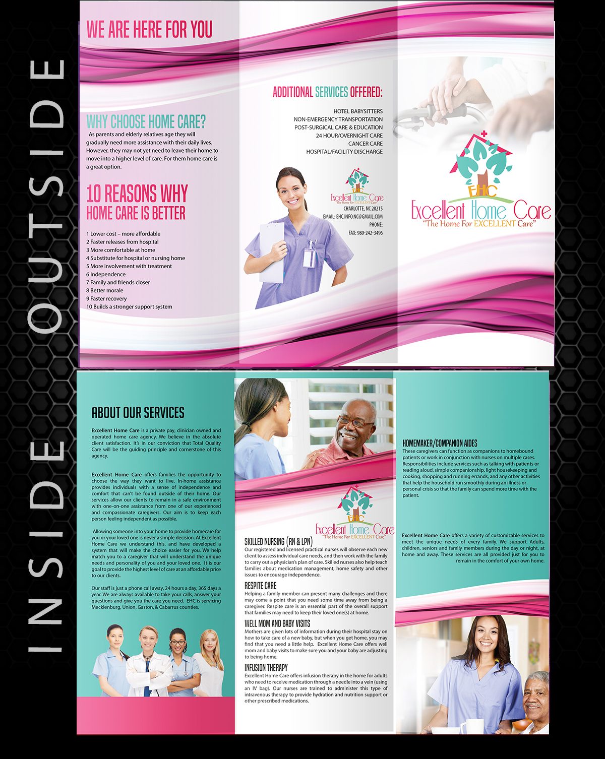 Tri-fold brochure mockup for a home care provider, inside and outside spreads