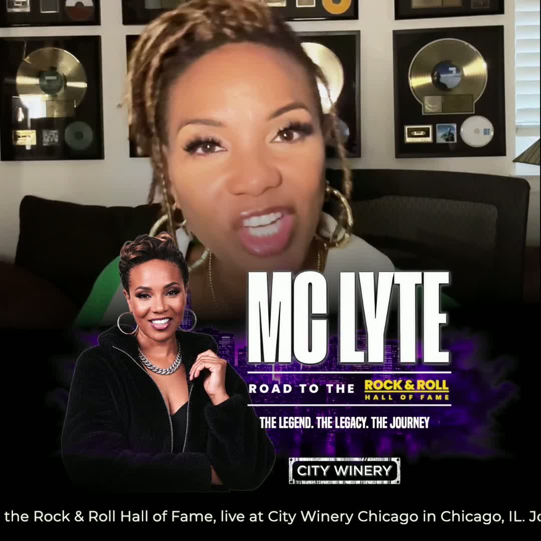 Real Chicago ad frame with M.C. Lyte speaking above Road to the Rock & Roll Hall of Fame artwork and the City Winery mark